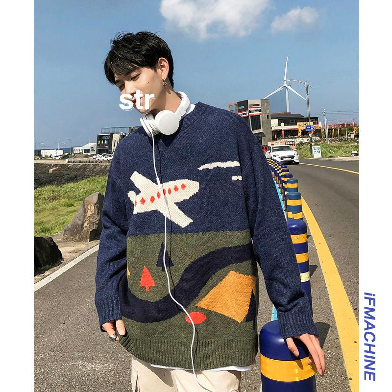 

Men's sweater 2020 Autumn winter new slim solid color cartoon print sweater loose leisure personality youth men's wear, Dark gray