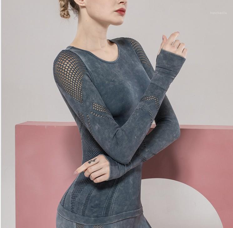 

Women Yoga Tops 2020 New seamless sports long sleeve shirt hollow tight-fitting Pure Color Sports Clothes1
