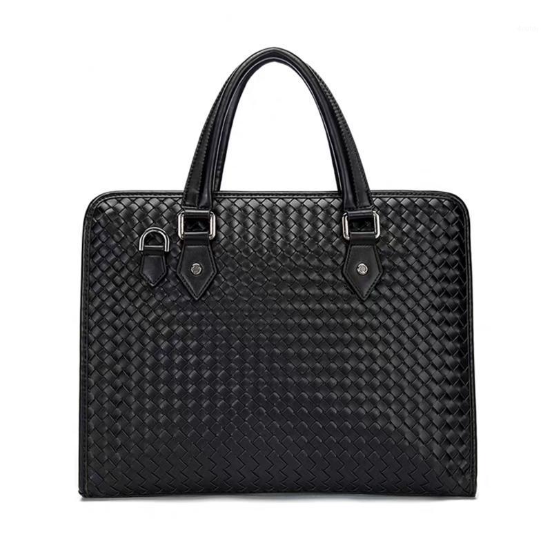 

Men Casual Weave Bag Leather Briefcase Travel Suitcase Messenger Shoulder Tote Back Handbag Large Business Laptop Pocket1, As picture