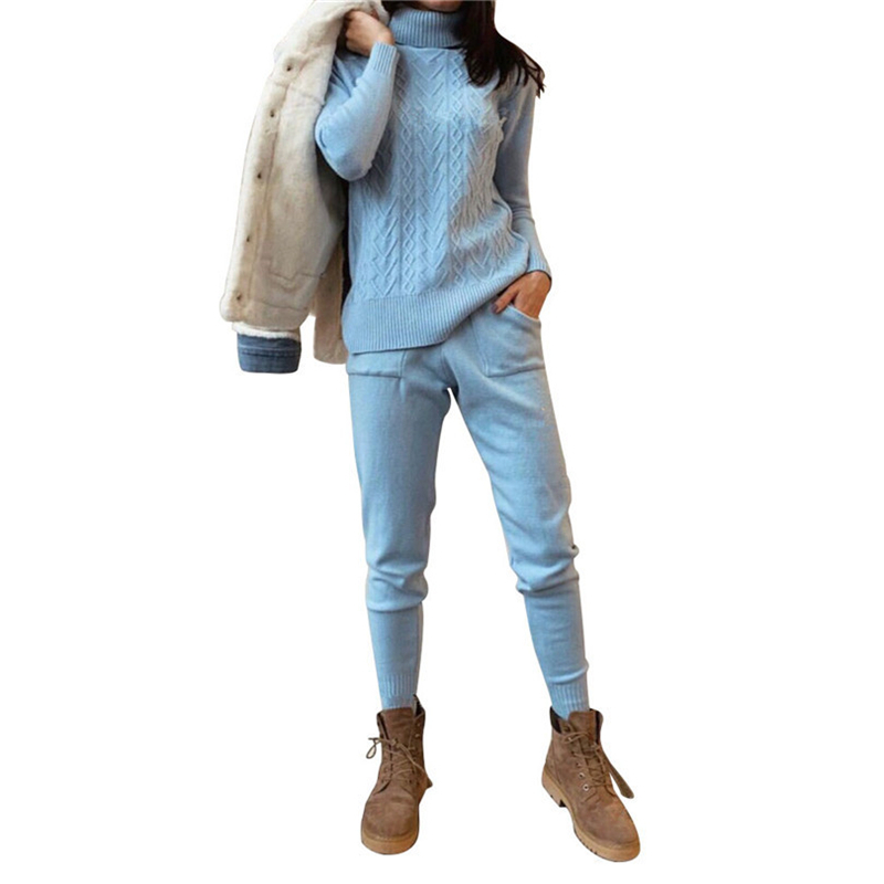 TYHRU Women's Knitted Tracksuit Turtleneck Casual Solid Color Sweater Pants Women's Knit Costume 2 Piece Set 201119Z