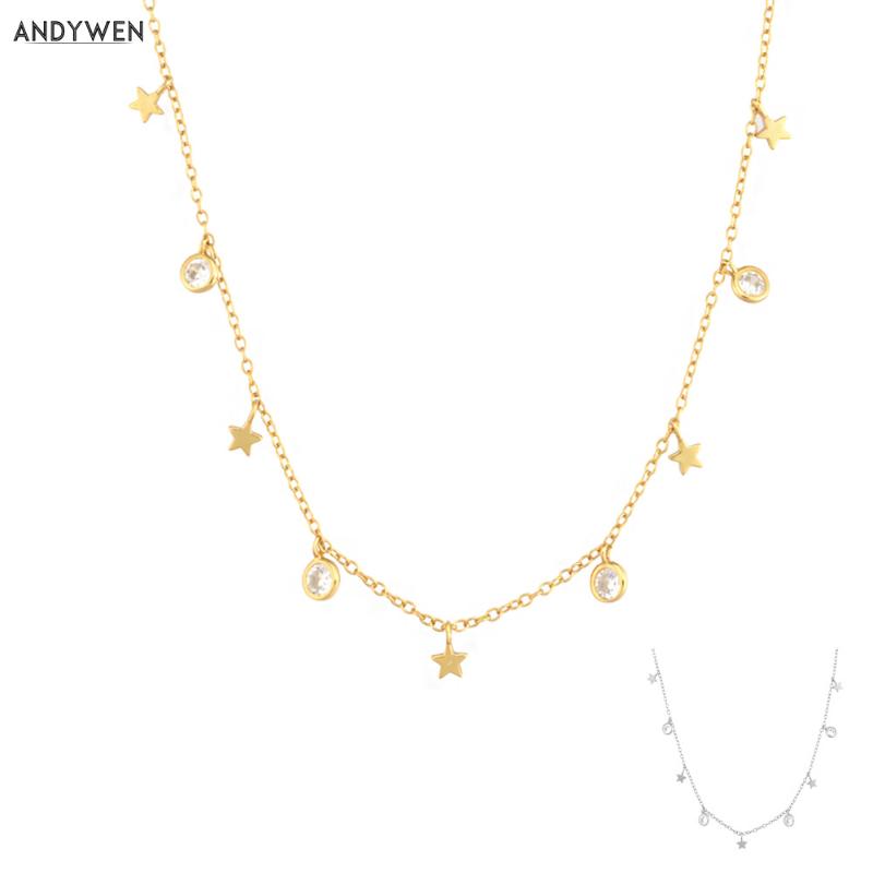 

ANDYWEN 925 Sterling Silver Gold Star Zircon Charm Choker Necklace Long Chain Jewelry 2020 Tiny Jewels Wedding Gift