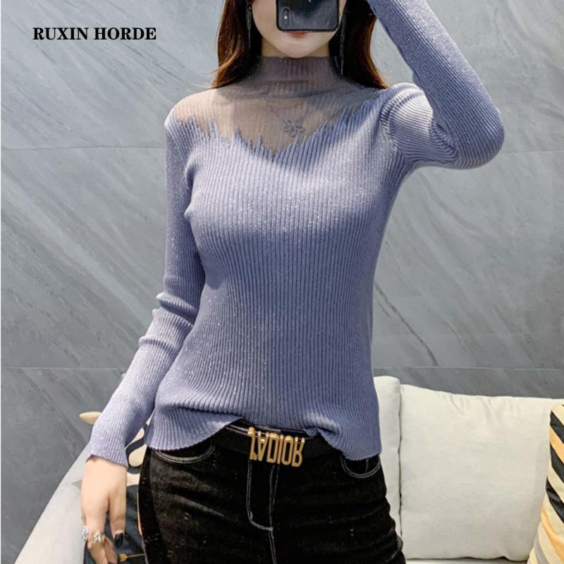 

Turtleneck Sweaters Soft Slim Female Sexy Long-Sleeved Cultivate Perspective Net Yarn Splicing Knitwear Bright Silk Unlined Fall, Black