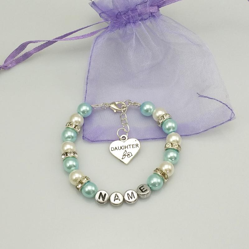 

New name Personalised Girl baby Birthday Christmas Gift Charm Bracelet blue with bag