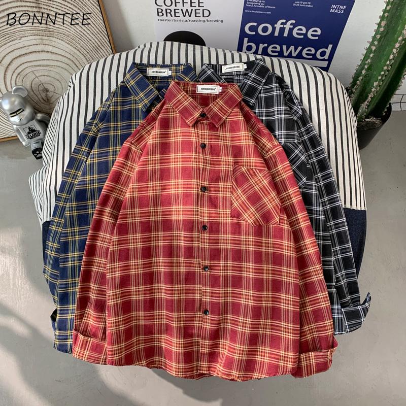 

Men Shirts Plaid Loose Retro All-match Fashion Casual Streetwear Couple Long Sleeve New Korean Style Harajuku Ins Male Shirt, Black