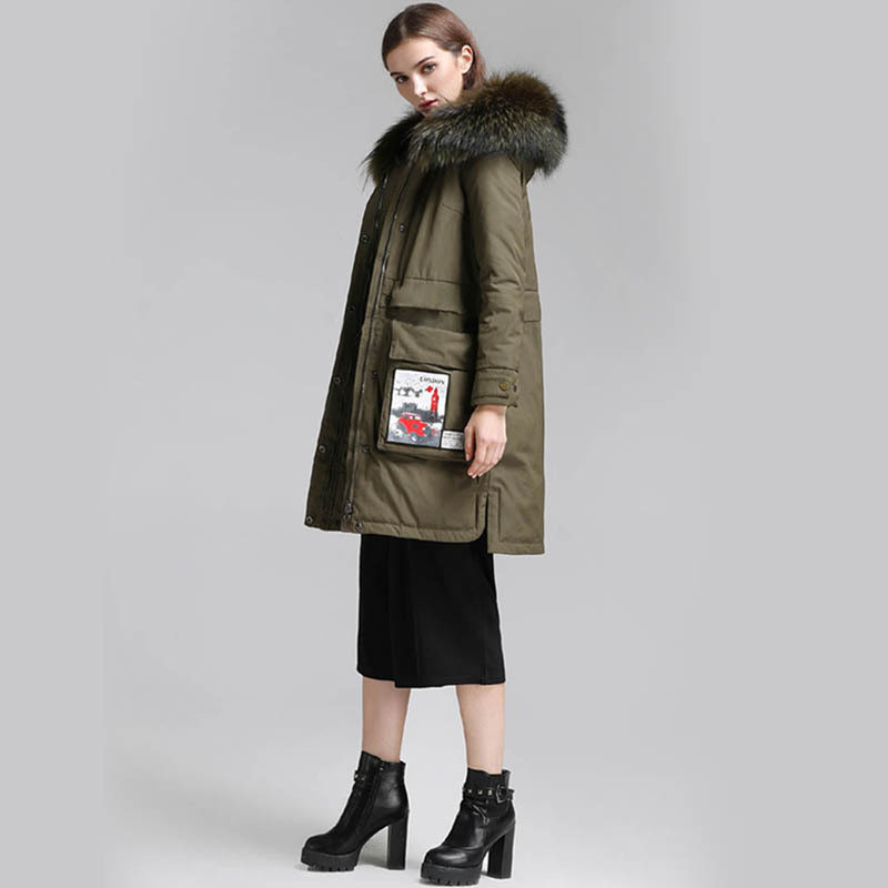 

2021 New Qulity High White Duck Down Royal Jacket Raccoon Skin Collar with Hood Female Winter Coat Parka Mujer Women's Jackets Wxf245 9ygs, Army green