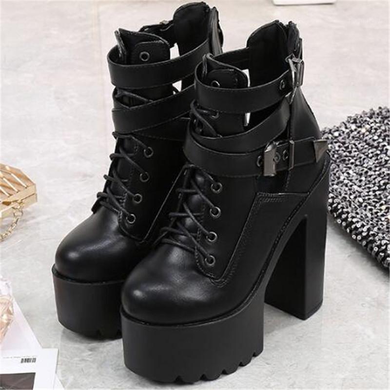 

Sexy 15CM Thick High Heels Waterproof Shoes Woman Platform Pumps PU Buckle Strap Round Toe Office Career waterproof womens shoes1, White