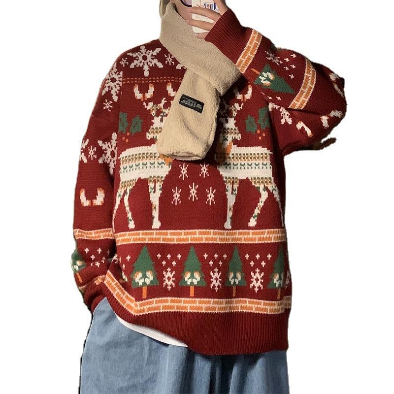 

2020 New Winter Loose-Fitting Crewneck Sweater Unisex Funny Reindeer Printed Christmas Sweatshirt Men Xmas Knitted Pullover, Army green