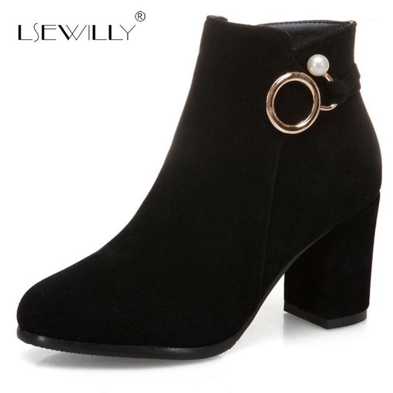 

Lsewilly Winter Ankle Boots Fashion Women Shoes Zipper Square High Heel Pointed Toe Flock Women Shoes Big Size 33-52 E1281, Beige