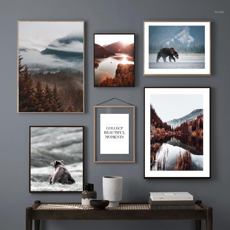 

Bear Animal Wall Poster Autumn Lake Forest Nordic Nature Scenery Print Scandinavian Canvas Painting Art Home Decoration Pictures1