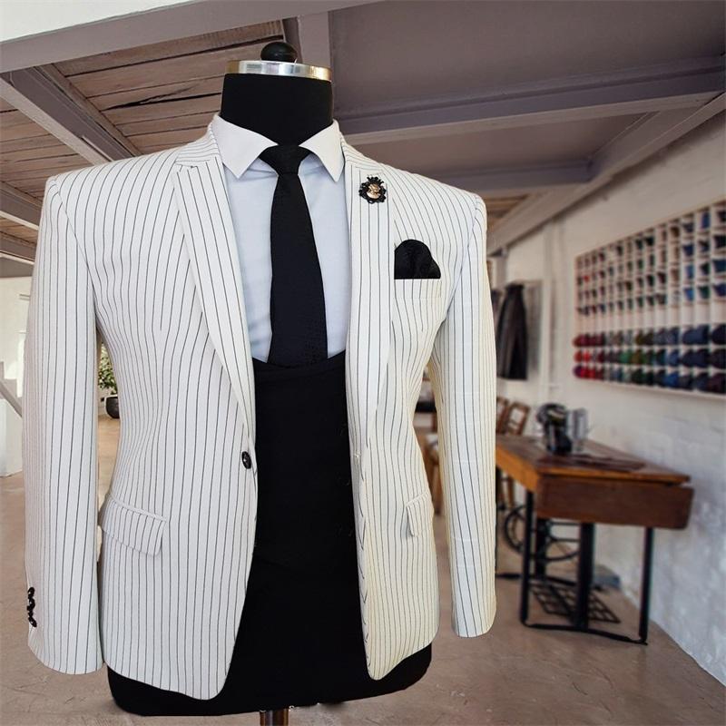 

White Pinstripe Men Suits Groom Tuxedos Lapel One Button  Fit Slim Formal Party Prom Suit Outwear For Best Man, Black