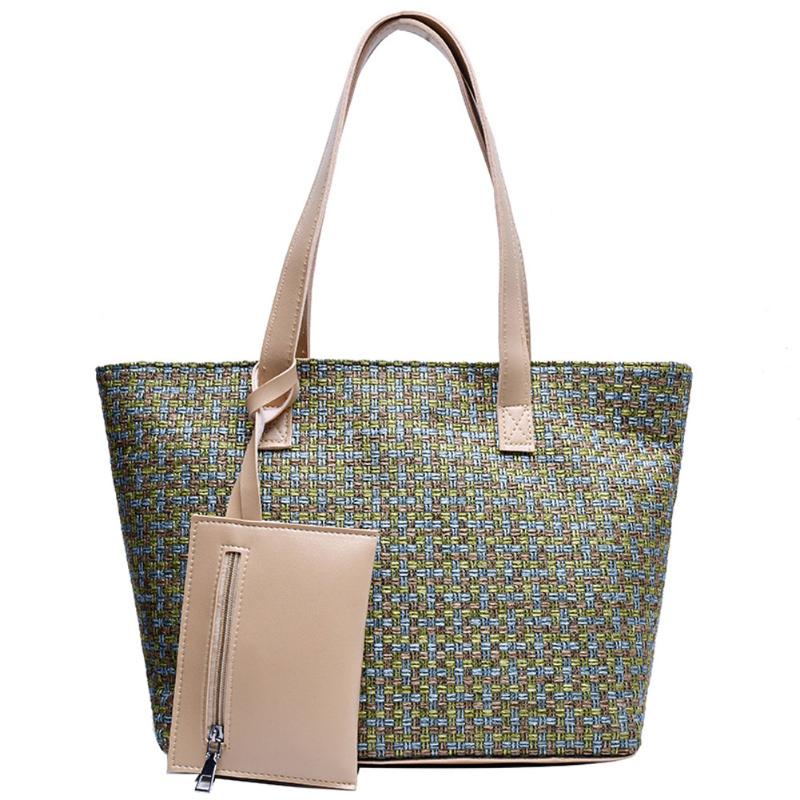 

Fashion Women Large Capacity Straw Bag and Purse Plaid Patchwork Tote Bag PU Ladies Shoulder 2 PCS / Set, Black
