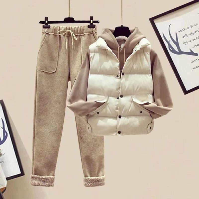 

Women 2021 Winter New Three Piece Sets Female Cotton-padded Down Outwears +Hoodies + Woolen Pants Ladies Casual Suits Set B441, Black white apricot