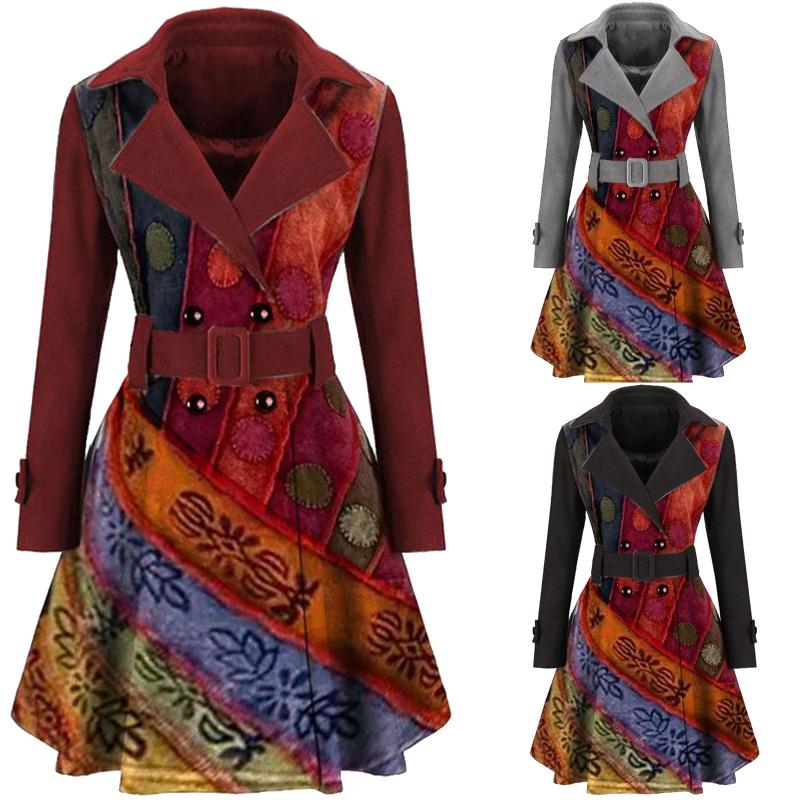 

Fashion Winter Warm Women Long Sleeve Turn Down Collar Belt Woolen Positioning Floral Printed Workwear Suit Jacket Coat#g3, Black