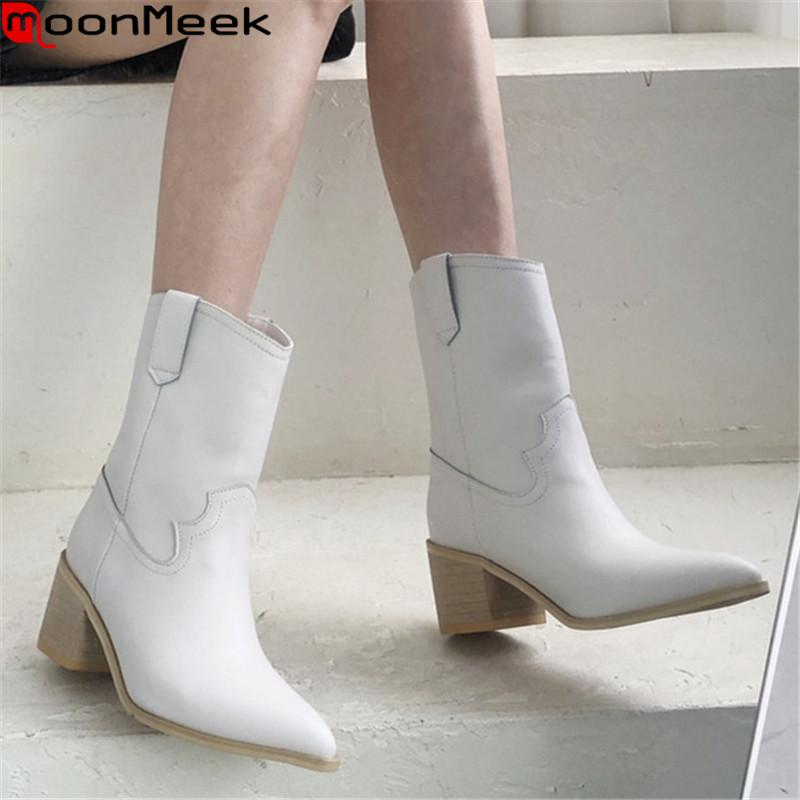 

MoonMeek 2021 New arrival women boots thick high heels pointed toe ladies shoes top quality autumn winter ankle boots, Black