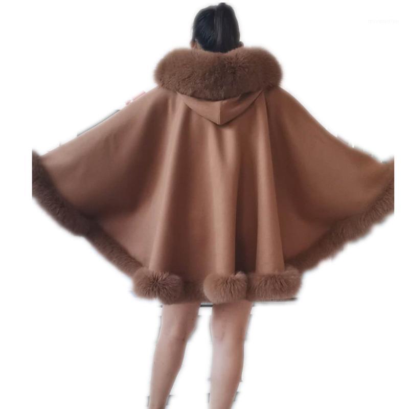 

Poncho shawl coats with hood cape with real furs trim all around women autumn winter wool cape white outwear S1031, Blue;gray