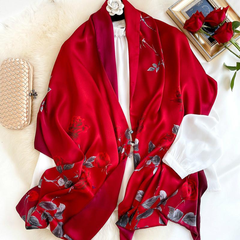 

High Quality Pure Silk Scarf for Women Floral Neck Scarf Shawls Foulard Hijab Scarves Double Sided China Style Lady Winter Stole