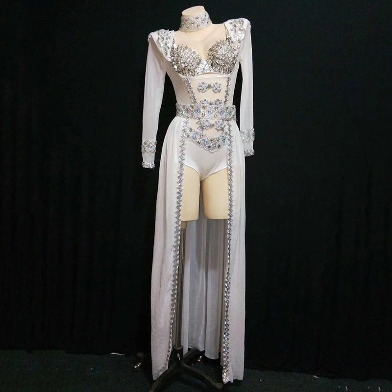 

Silver Rhinestones White Dance Outfit Bodysuit Long Tail Costume Dancer Show Outfit Birthday Evening Prom Stage Leotard DT1622