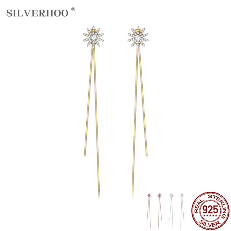 

SILVERHOO 925 Sterling Silver Earrings For Women Full Zircon Shiny Snowflake Tassel Drop Earring Romantic Anniversary Jewelry