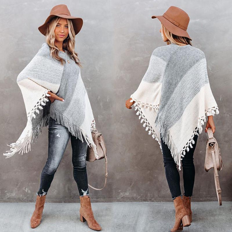 

Vintage Tassel Patchwork Sweater Poncho 2021 Winter Fashion V-neck Loose Irrgular Long Sweater, As pic