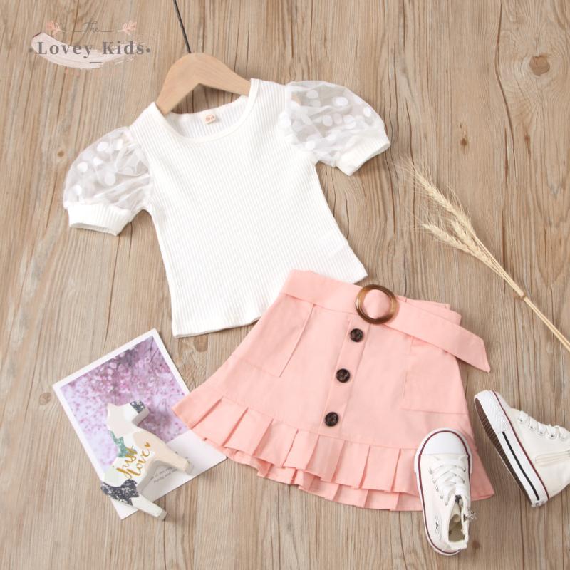 

Toddler Baby Girl Outfit 2021 Sweet Dot Puff Sleeve Cotton Tops Knitting T-shirt Ruffle Pink Skirt with Belt Two Piece Set, White