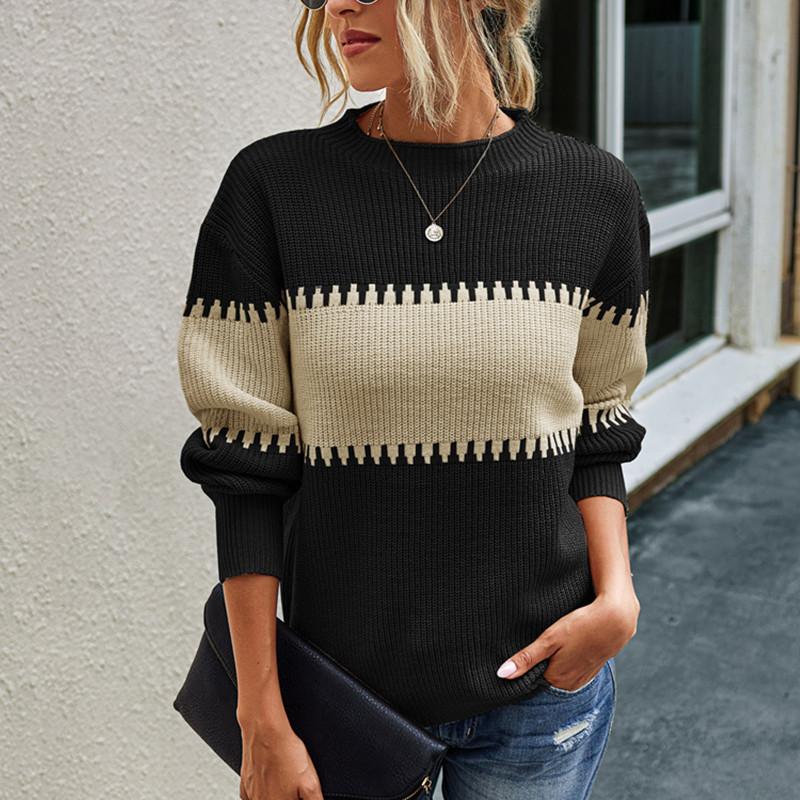 

Geometric Patchwork Sweater Top For Women Autumn Long Sleeve Knitted Pullover Korean Sweater Ladies Casual Knitted Jumpers Fall, Black