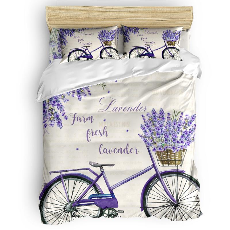 

Pastoral Style Lavender Bicycle Duvet Cover Set Warm and Comfortable Bed Sheet Bedroom Comforter Set 2/3/4pcs Bedding, As pic
