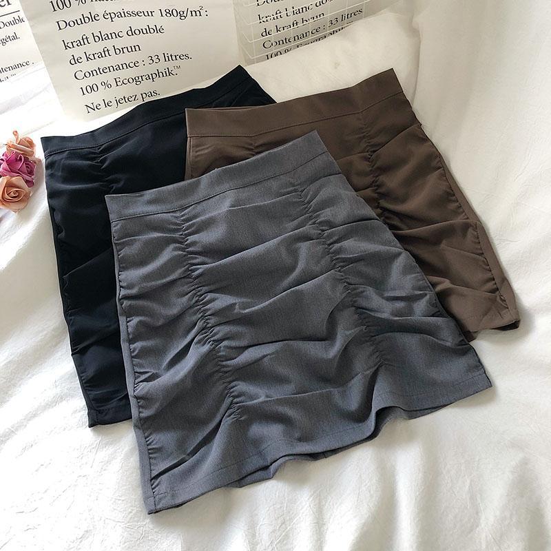 

Spring Autumn Women' Skirts Korean Style All-match Solid Color Pleated High-waist Skirt New Slim A-line Female Skirt QX875, Black