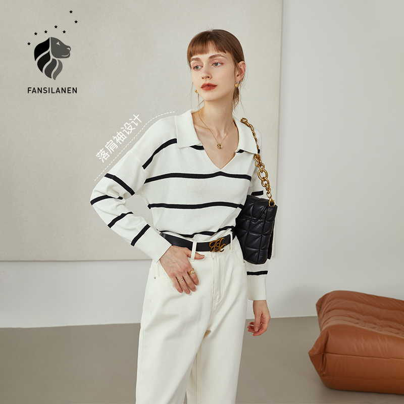 

FANSILANEN Sweater Women French Retro Striped Tops Lazy Loose Blouses Women Drop Long Sleeves Thin Sweater Women Pullovers, Black white stripe