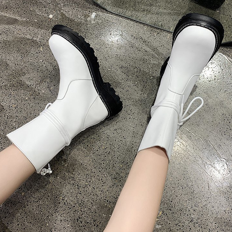 

Lucyever retro-British-style motorcycle women's fashions lace up to mid-calf flats calf black white woman slide in boots N9SP