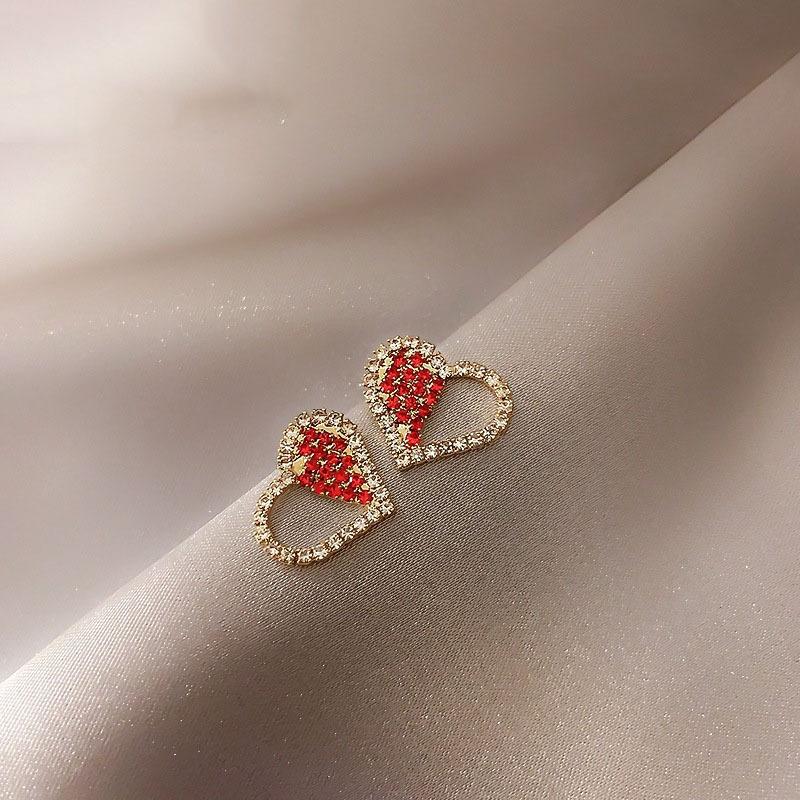 

Keeper Fashion 925 Silver Needle Simple Love Earrings Full Diamond Red Ladies Christmas Party Birthday Gift Jewelry