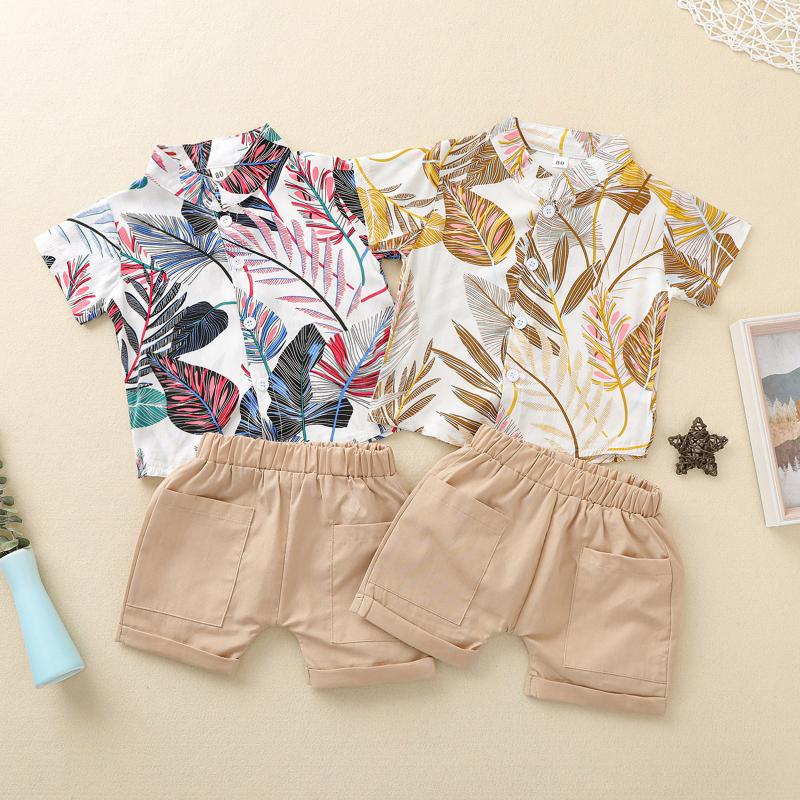 

Summer Baby Boys Clothes Set Suit Toddler Baby Kids Boys Tropical Plant Print Floral Shirt Tops+linen Shorts Sets Suits Set, Beige