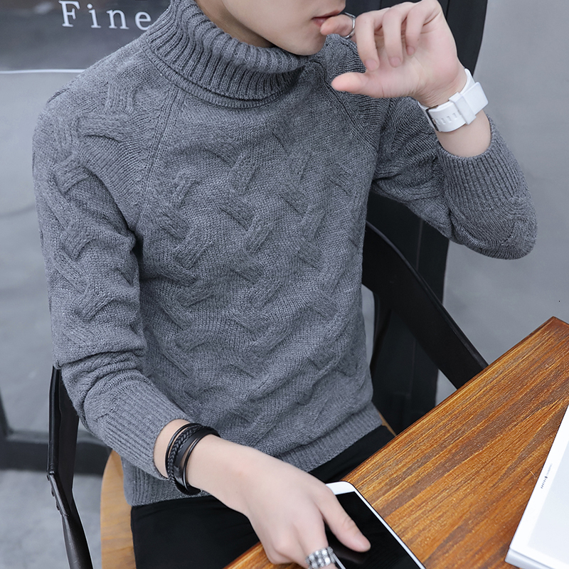 

2021 New Autumn and Winter Korean Version of the Slim Men's High Collar Thick Solid Color Fashion Pullover Sweater Ulmy, Caramel color