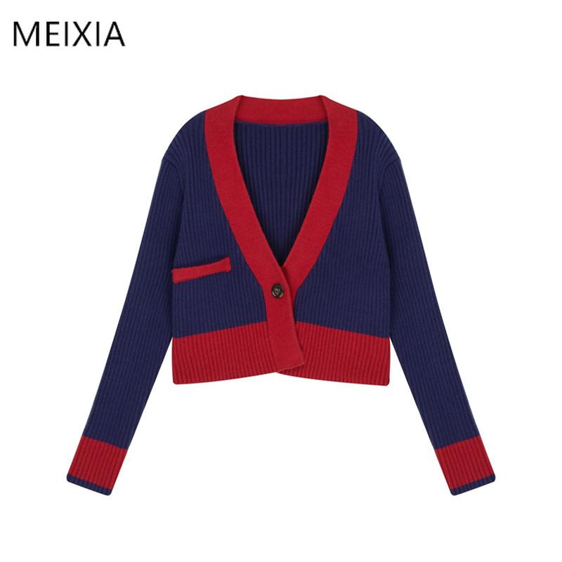 

2020 Spring Autumn Women's Contrast Knit Cardigan Retro Long Sleeve Outer Top Splicing Short Sweater Women New Trend, Blue