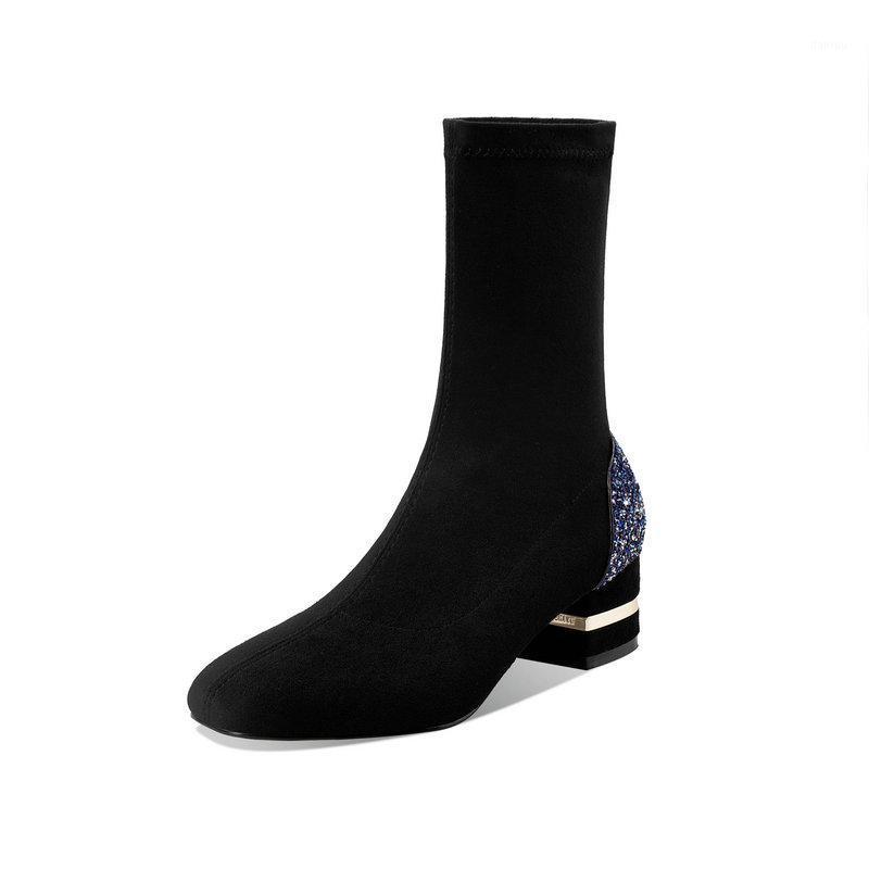 

Fashion Suede Leather Women Mid-Calf Boots 2020 Autumn Winter Thick Heels Shoes Women Night Club Party Shoes Woman1, Black