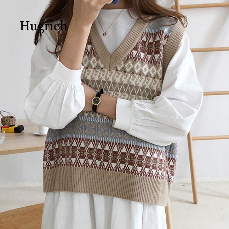 

Vintage V-Neck Knitted Vest Sweater Women Sleeveless Pullover Elasticity Sweater Loose Female Casual Oversized Knitted Vest 2020, Multi