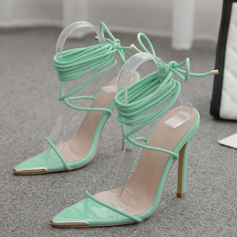 

Designer 2021-summer Female Lace Up to Sexy Skinny Stripper 11.5cm High Sandals Pointed Finger-red Heels Green Party Shoes E7n2, Got it