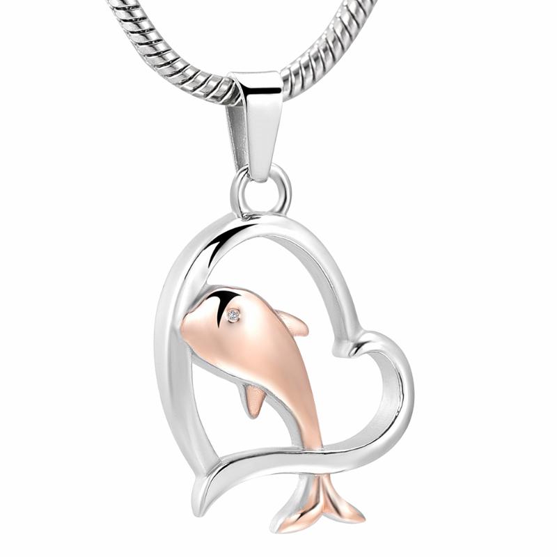 

IJD10923 Loss of Pet Dolphin in Heart Hollow Design Memorial Urn Necklace with Screw to Hold Animal Dog/ Cat/ / Pig Ashes