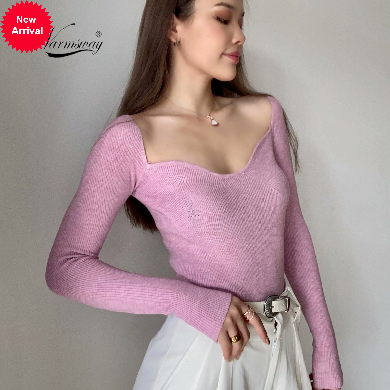 

2020 outono inverno nova moda sexy u pescoo t-hirt mulheres de malha superior quente magro curto t camisa topos roupas do vintage kawaii, Purple