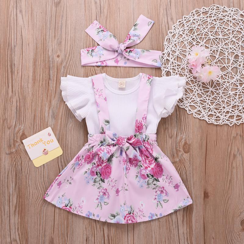 

RU Sale Summer 4Years Girls Clothing Sets 3Pcs Baby Girl Clothes Ruffle Sleeve Tops+Floral Skirt+Headband Kids Clothes Suits D201, White