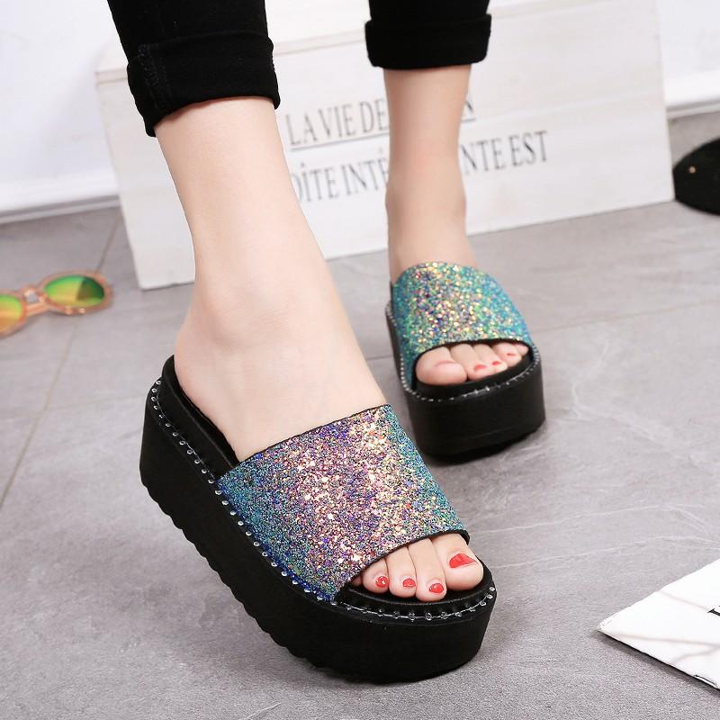 

Summer Glitter Sequins Sandals Woman Bling Flip Flops Platform Sandals Beach Slippers zapatos mujer Women sandalia feminina, Black