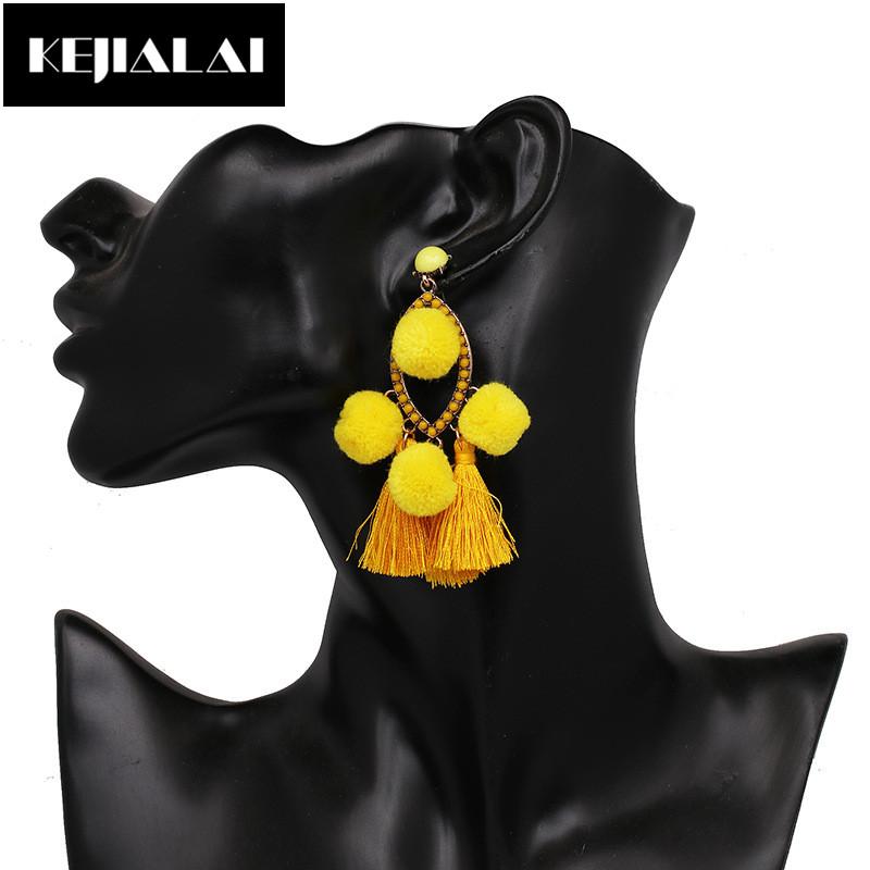 

KEJIALAI Women Bohemian Style Dangle Earrings Long Tassel Pom Pom Ball Eye Shape Accessories with Rhinestone Drop Earrings Girls
