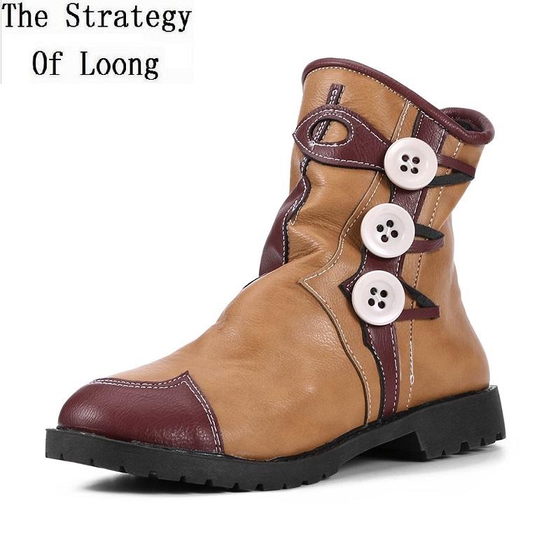 

Winter Retro Plus Size 41-43 Women Plush Patchwork Buckle Platform Short Equestrian Boots Ladies Ankle Knight Boots 191119, Brown