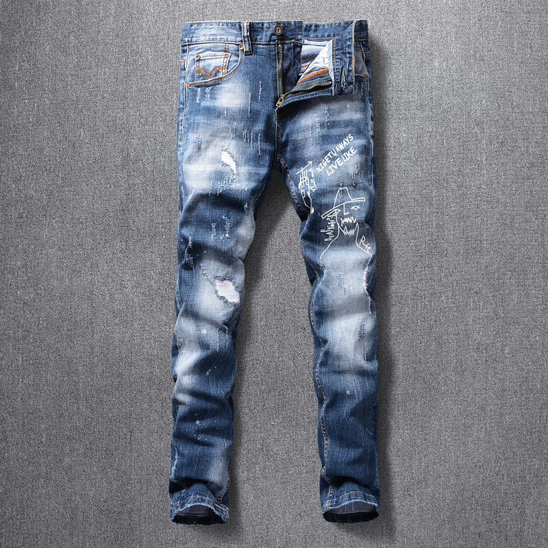 

2021 New Fashion Streetwear High Quality Retro Slim Fit Printed Men Elastic Hip Hop Pants Vintage Designer Jeans Homme Lfgg, Retro blue