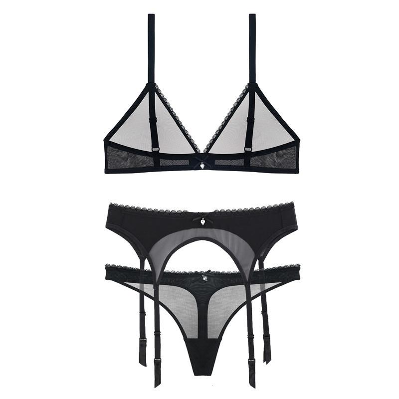 

Sexy Ultra Thin Bra Set with Garter Transparent Mesh Bra Women Thong Panties Lingerie Suit Women Sexy Underwear 3 Piece Set, Beige