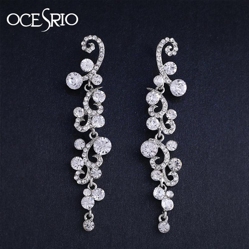 

OCESRIO New Austrian Crystal Leaf Long Hanging Earrings with Stones Long Crystal Earrings Wedding Jewelry for Women ers-h35, Silver