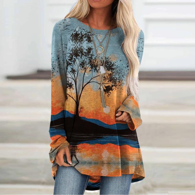

Autumn Tshirt For Women Plus Size Mountain Printed Pullover Long Sleeve Shirts Tops Ladies Casual Tee Shirt Oversized Clothes, Light blue