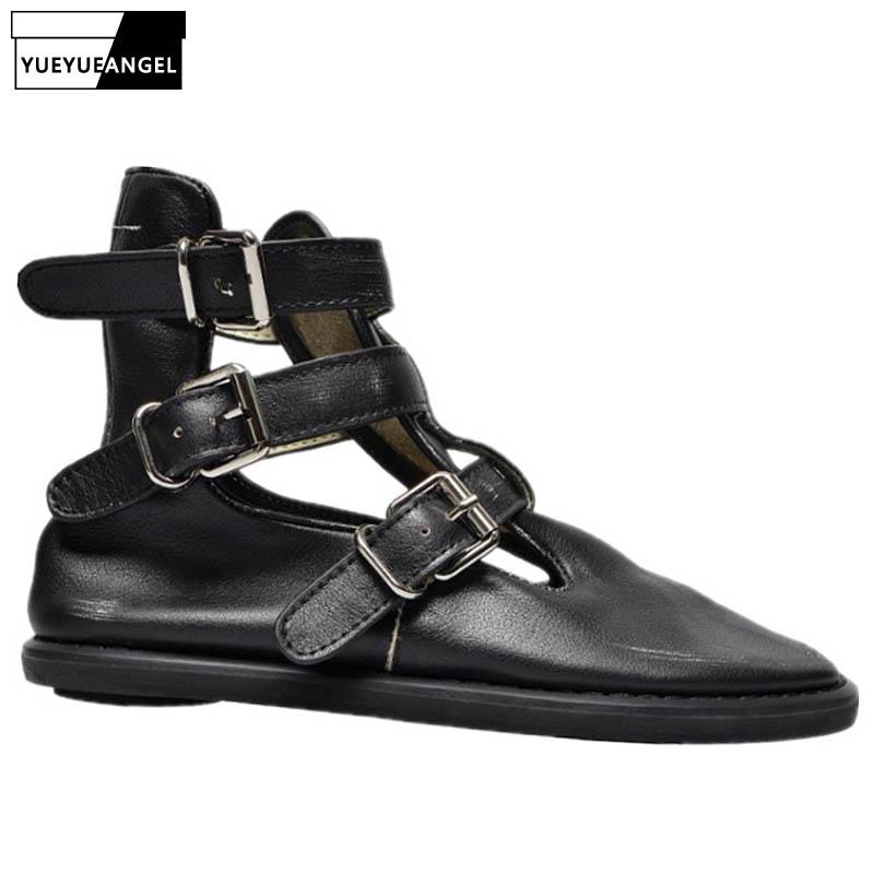 

Designer High Quality Genuine Leather Womens Flat With Ankle Boots Retro Fashion Hollow Out Buckle Round Toe Zapatos De Mujer, White