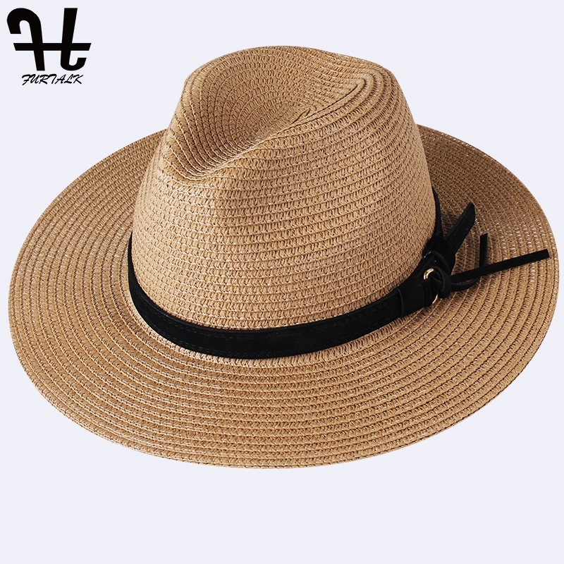 

FURTALK Summer Straw for Women Beach Hat Men Jazz Panama Hats Fedora Wide Brim Sun Protection Cap with Leather Belt Y200602, Ivory 1