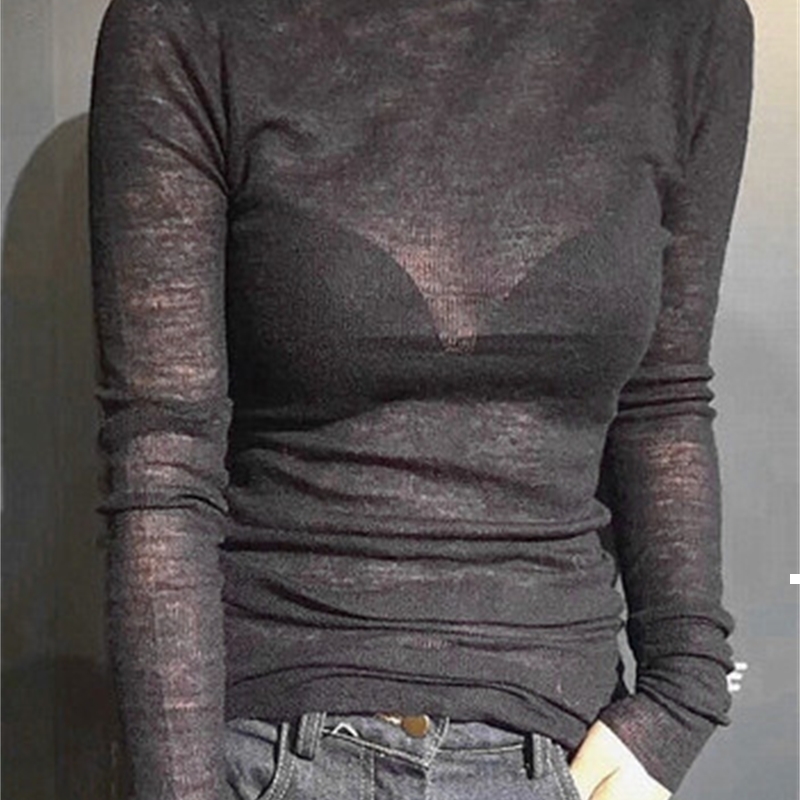 

Autumn 2021 New New High Neck Long Female T-shirt Elastic Thread Top Sexy Micro Transparent Bottom Thin Rxoa IO5Y