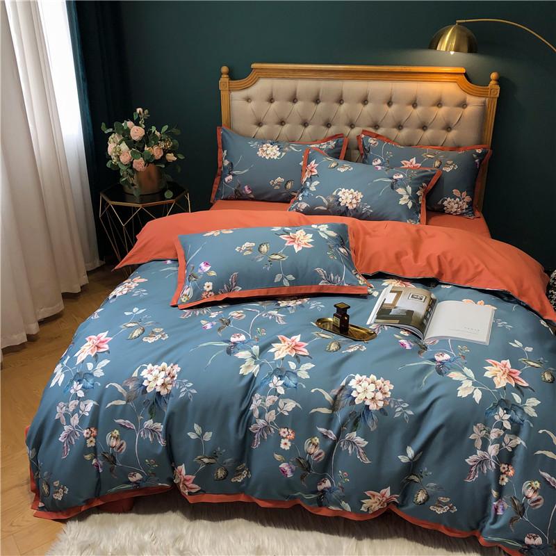 

Blue Egyptian cotton bedsheet Bloom pastoral duvet cover bed linen flat sheets queen king size hometexitle for bedding room, As pic